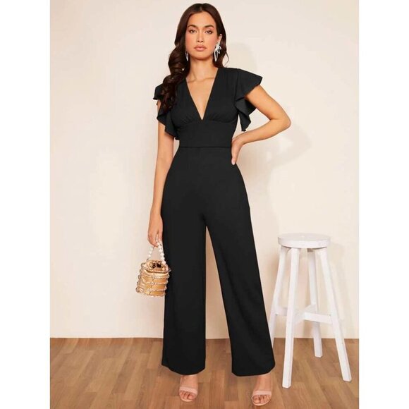 ruffle sleeve v neck jumpsuit black - Picture 1 of 3
